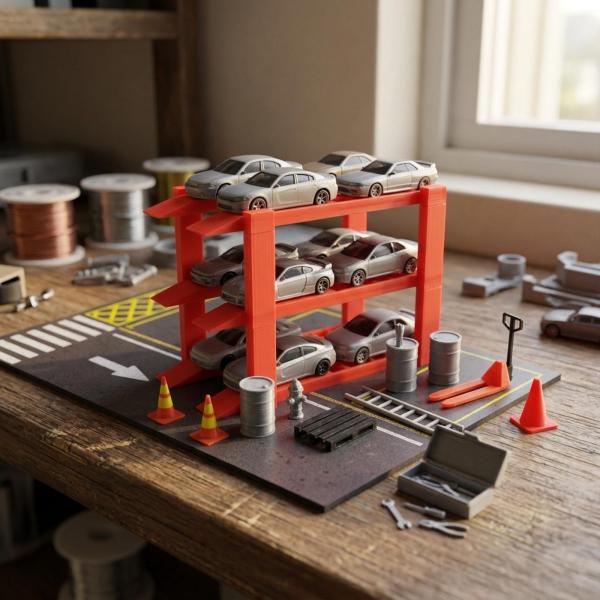 1/64スケール カーディスプレイスタンド ガレージシーン小道具 マイクロランドスケープ パーキングラック 3段 赤