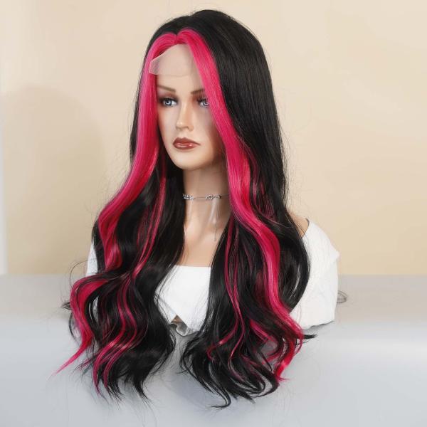 21 インチ ロング ウェーブ カール かつら 合成繊維 エレガント のために デート 結婚式 パーティー ローズレッド ハイライト