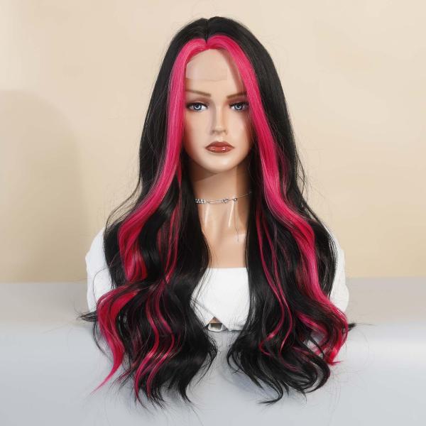 21 インチ ロング ウェーブ カール かつら 合成繊維 エレガント のために デート 結婚式 パーティー ローズレッド ハイライト