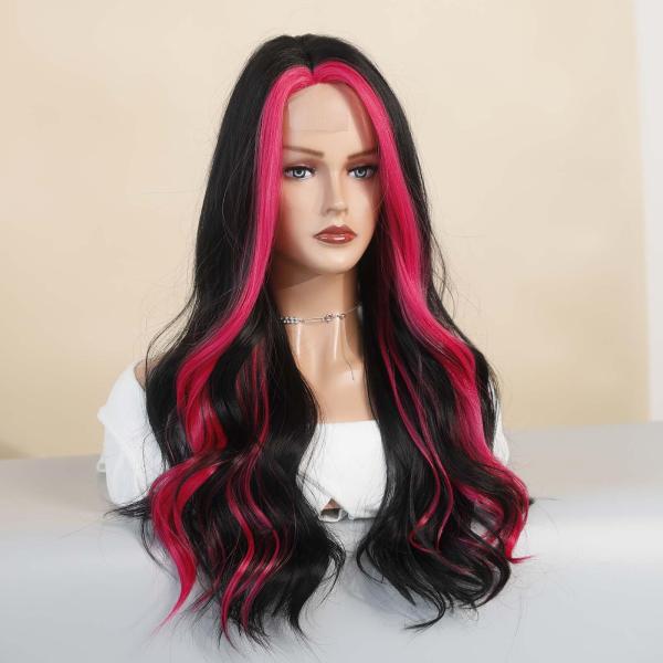 21 インチ ロング ウェーブ カール かつら 合成繊維 エレガント のために デート 結婚式 パーティー ローズレッド ハイライト