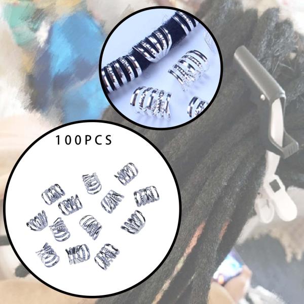 100 個メタルドレッドビーズドレッドロックカフスヘアジュエリー女性用三つ編みシルバー