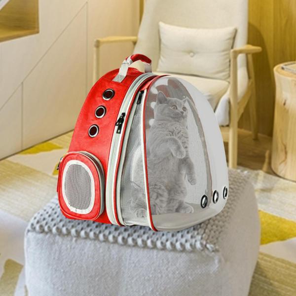 拡張可能なキャットキャリアフロントバック透明バブルバックパックペットトラベルバッグレッド