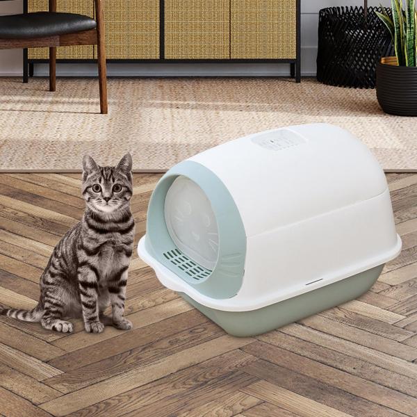 フード付き猫用トイレボックス 密閉型トイレトイレベッドパンコンテナ ペット用トイレトレイ ブルー