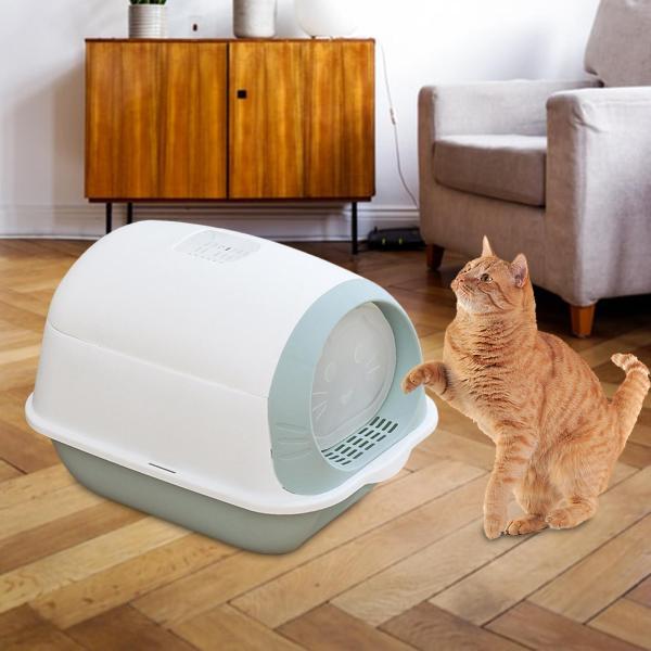フード付き猫用トイレボックス 密閉型トイレトイレベッドパンコンテナ ペット用トイレトレイ ブルー