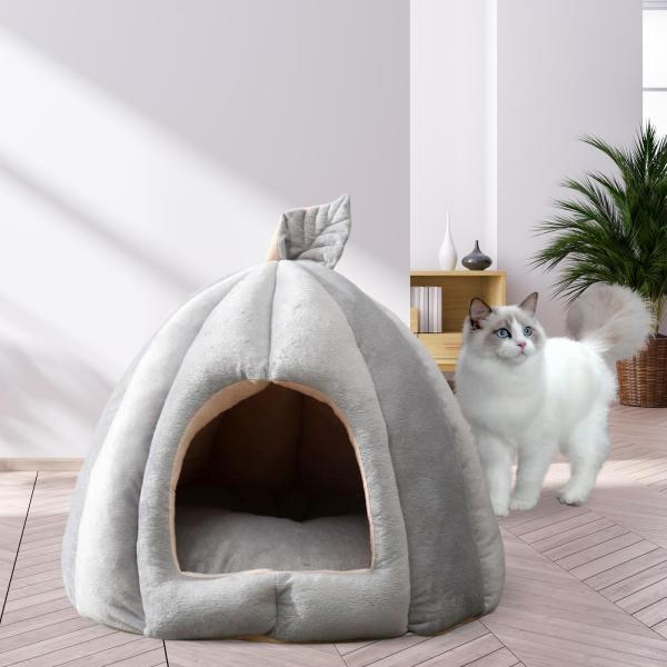 洞窟ペット用ベッド 犬用テント 滑り止め スリップ 猫用 暖かい家 小中子犬用 グレー 35x35x35cm