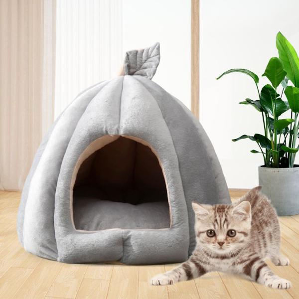 洞窟ペット用ベッド 犬用テント 滑り止め スリップ 猫用 暖かい家 小中子犬用 グレー 35x35x35cm