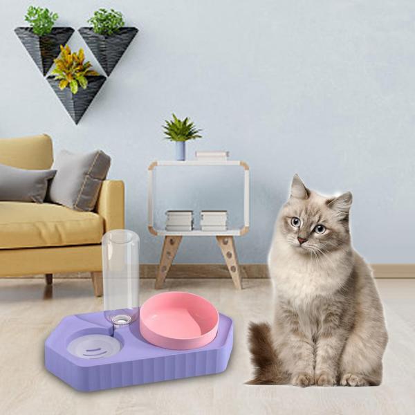ウォーターディスペンサー付きドットボウルウェット＆ドライフードボウルセットペットフィーダー給水器ダブルバイオレット