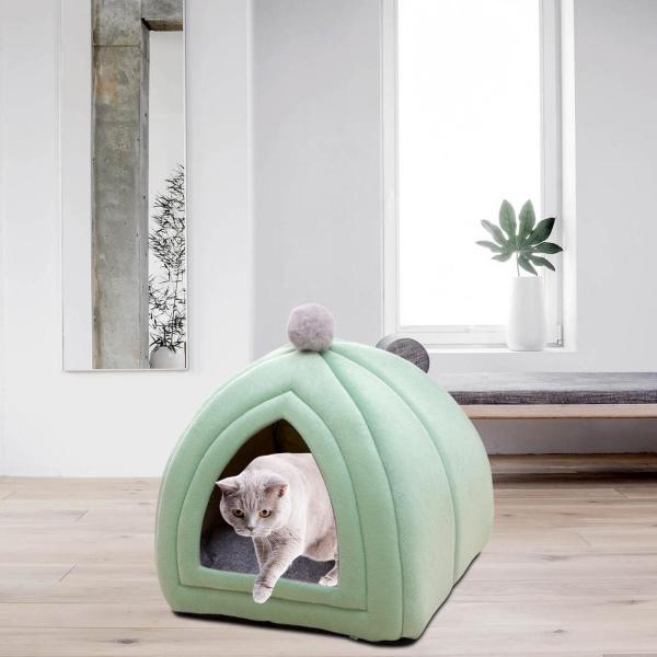 可愛い猫ベッド ペットテント 取り外し可能 洗える クッション付き セミクローズ ウィンター グリーン M