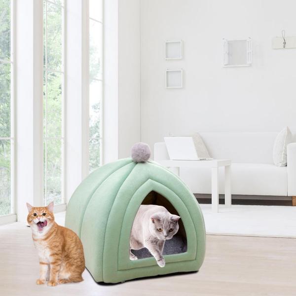 可愛い猫ベッド ペットテント 取り外し可能 洗える クッション付き セミクローズ ウィンター グリーン M