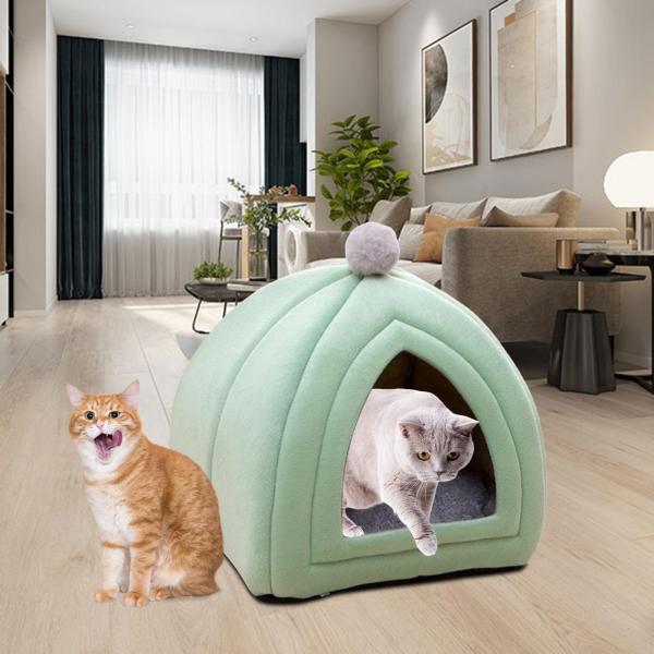 可愛い猫ベッド ペットテント 取り外し可能 洗える クッション付き セミクローズ ウィンター グリーン M