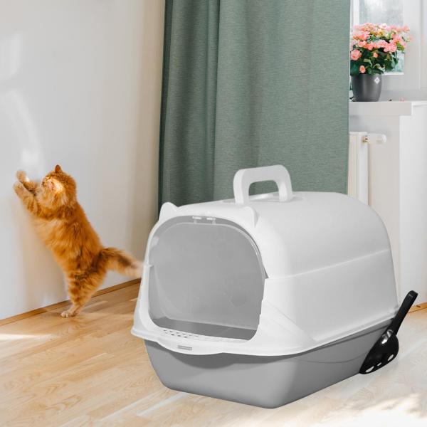フード付き猫用トイレ 密閉およびカバー付き猫用トイレ 耐久性のあるペット用トイレ ハンドヘルド グレー
