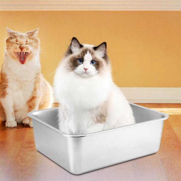 猫用トイレ ステンレス鋼 大型オープントップ ペット用トイレ 猫砂盆地 60cmx40cmx10cm