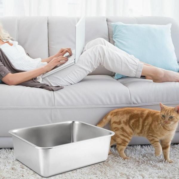 猫用トイレ ステンレス鋼 大型オープントップ ペット用トイレ 猫砂盆地 60cmx40cmx10cm