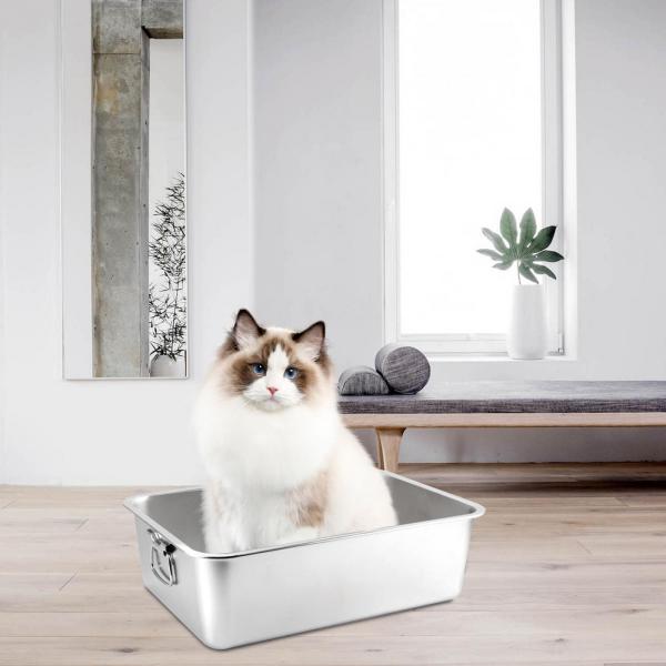 猫用トイレ ステンレススチール製 大型オープントップ ペット用トイレ 猫砂盆地 60x40x10cm ハンドル付き