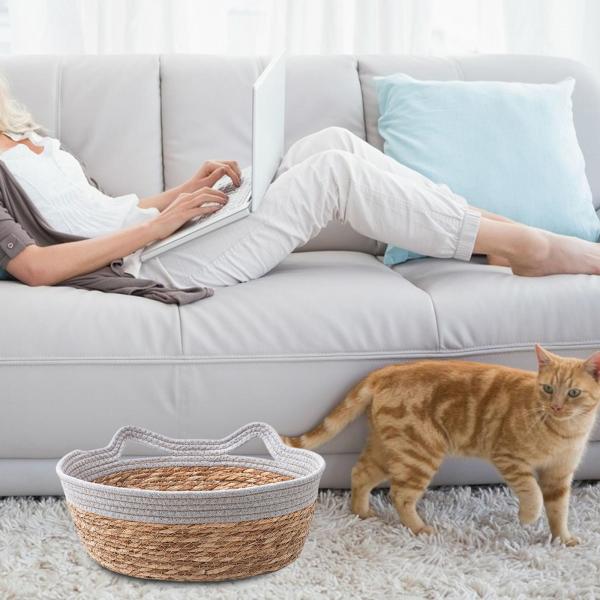 手編み猫ベッドバスケット犬ベッド巣日本製猫爪とぎバスケットグレー S