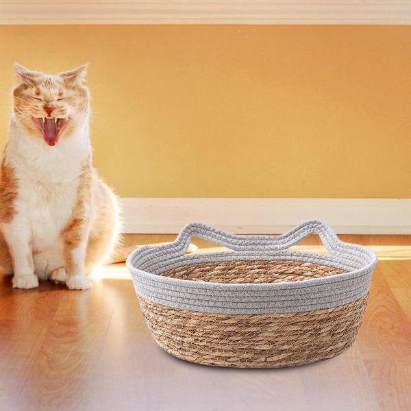 手編み猫ベッドバスケット犬ベッド巣日本製猫爪とぎバスケットグレー S