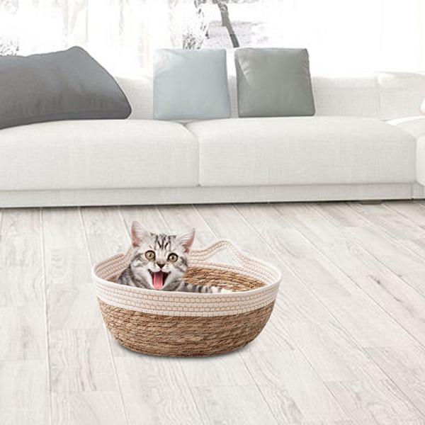 手編み猫ベッドバスケット犬ベッドの巣日本の猫の爪とぎバスケット ホワイト S