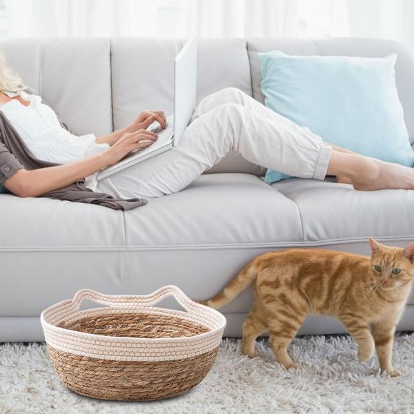 手編み猫ベッドバスケット犬ベッドの巣日本の猫の爪とぎバスケットホワイトM
