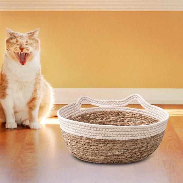 手編み猫ベッドバスケット犬ベッドの巣日本の猫の爪とぎバスケットホワイトM