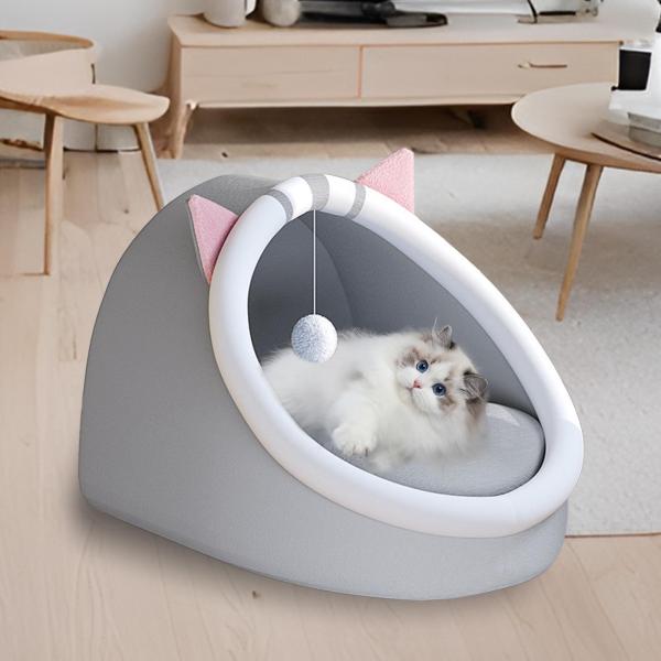 ペットベッド ボールおもちゃ付き 快適な猫用スリーピングパッド クッション 滑り止め猫ベッド M グレー