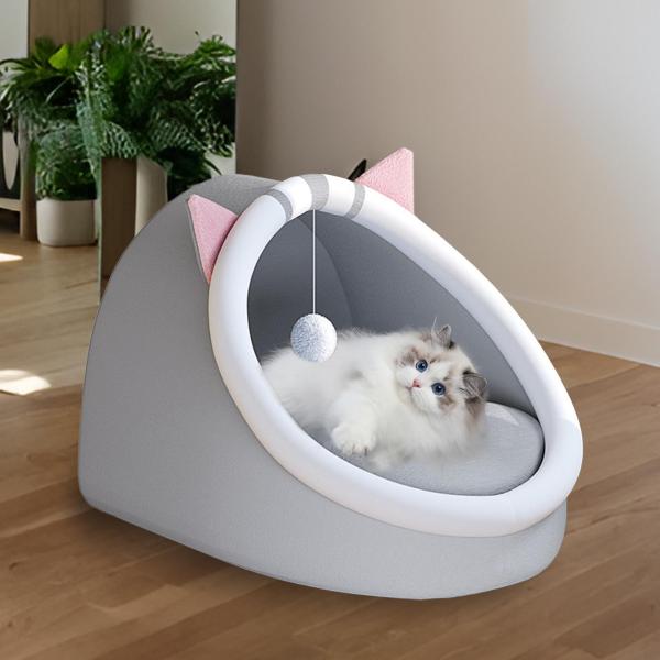 ペットベッド ボールおもちゃ付き 快適な猫用スリーピングパッド クッション 滑り止め猫ベッド M グレー