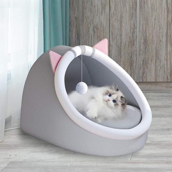 ペットベッド ボールおもちゃ付き 快適な猫用スリーピングパッド クッション 滑り止め猫ベッド M グレー