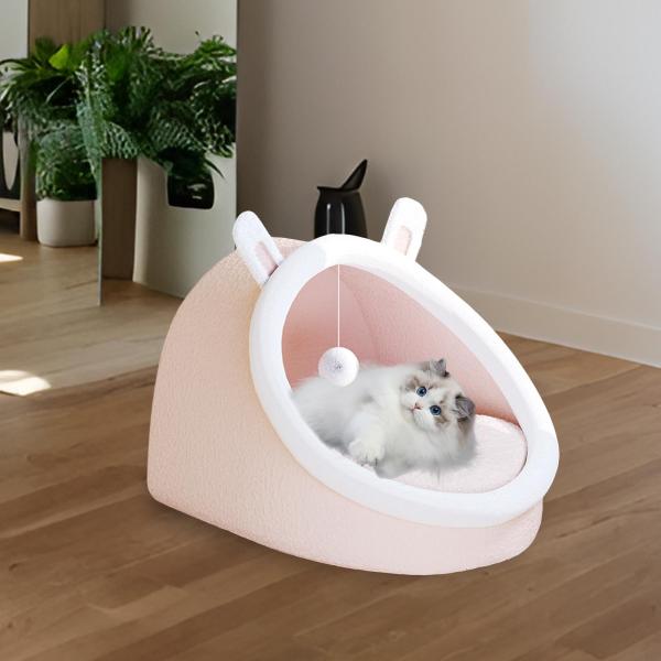 ペットベッド ボールおもちゃ付き 快適な猫用スリーピングパッド クッション 滑り止め猫ベッド S ピンク