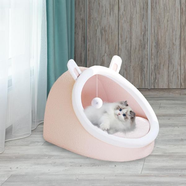 ペットベッド ボールおもちゃ付き 快適な猫用スリーピングパッド クッション 滑り止め猫ベッド S ピンク