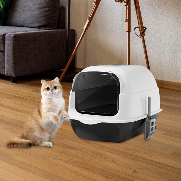 フード付き猫トイレ 蓋付き 再利用可能な大型飛沫防止猫砂トレイ ブラック