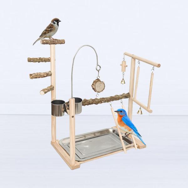 オウムの遊び場 フィーダーカップ付き 吊り下げおもちゃ はしご 木製プレイスタンド 止まり木遊び インコ用 ケージアクセサリー オウム