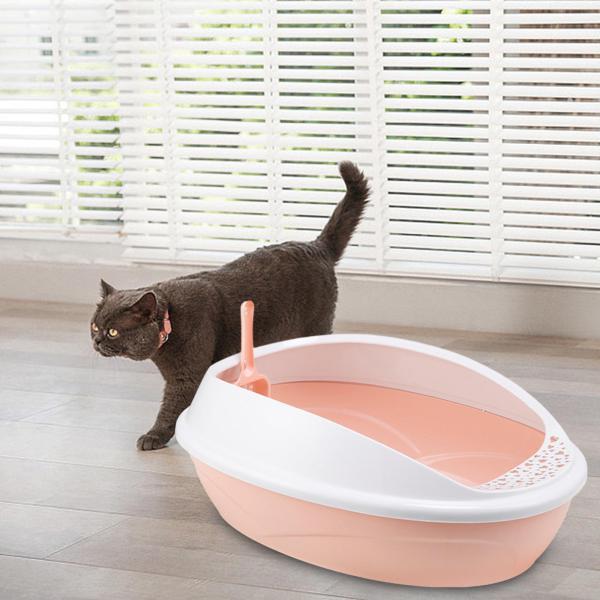 屋内猫用スクープ付き耐久性のある猫用トイレボウル オープントップ ペット用トイレ ピンク