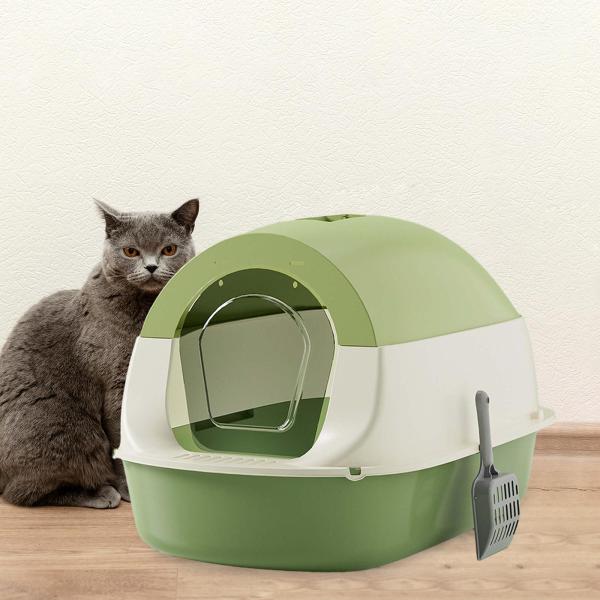 フード付き猫用トイレ 蓋付き 耐久性のある完全密閉型猫用トイレ シャベル付き グリーン