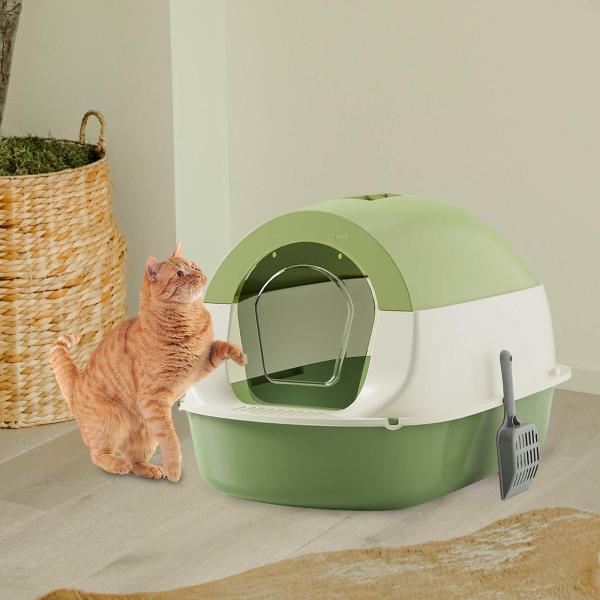 フード付き猫用トイレ 蓋付き 耐久性のある完全密閉型猫用トイレ シャベル付き グリーン