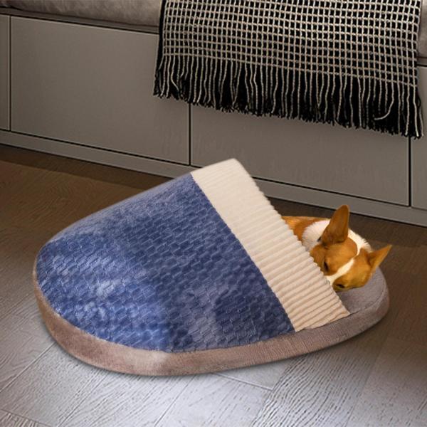 暖かいスリッパ 犬用ベッド 半密閉型 ペット 猫の巣 子猫用  プードル M ブルー