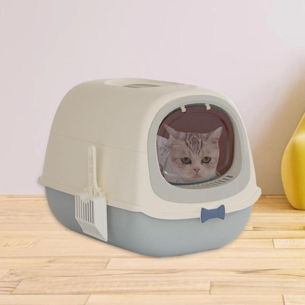 フード付き猫用トイレ 蓋付き 猫用トイレスペード付き 耐久性のある 大型猫用トイレ グレー