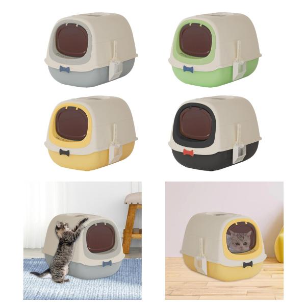 フード付き猫用トイレ 蓋付き 猫用トイレスペード付き 耐久性のある 大型猫用トイレ グレー