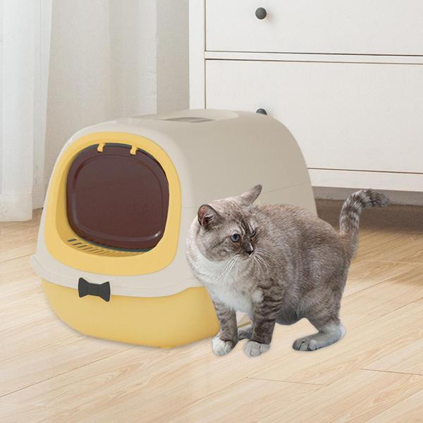 フード付き猫用トイレ 蓋付き 猫用トイレスペード付き 耐久性のある 大型猫用トイレ イエロー