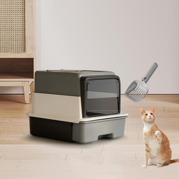 完全密閉型猫砂トレイ ペット用品 フード付き猫砂箱 スコップ付き クジラグレーカラー