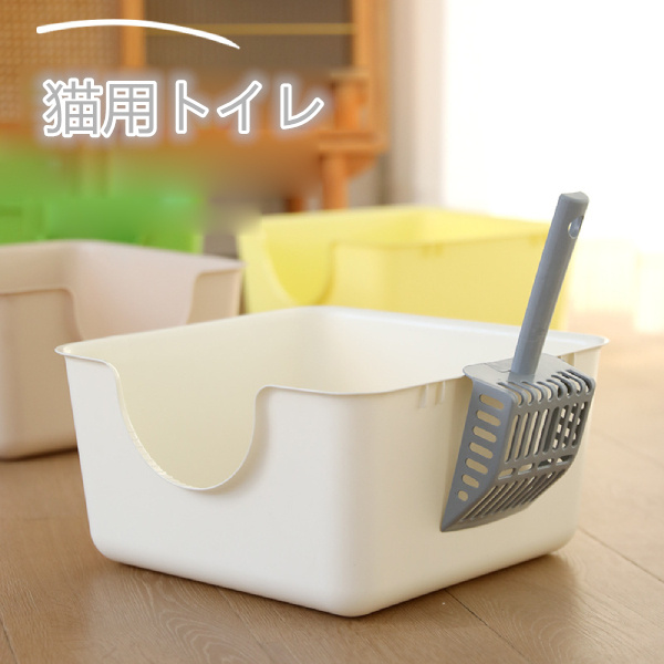 猫用トイレ 耐久性のあるオープントップ ペット用トイレ 小型中型猫 子猫  流出防止 猫のトイレ  カーキ色  ニャンとも清潔トイレセット