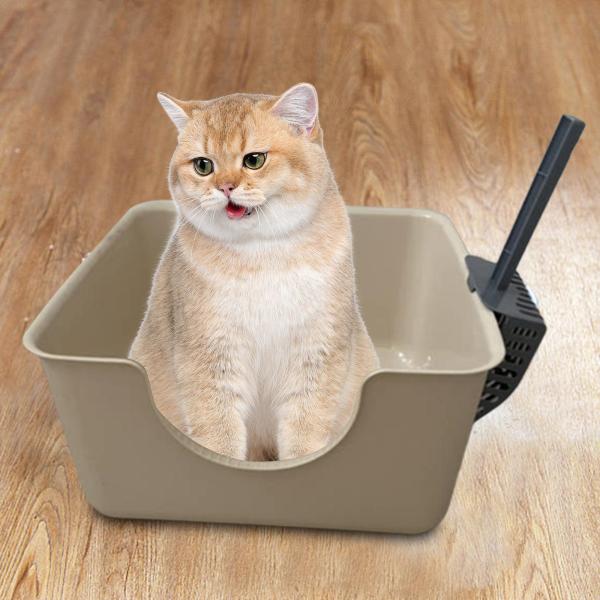 猫用トイレ 耐久性のあるオープントップ ペット用トイレ 小型中型猫 子猫  流出防止 猫のトイレ  カーキ色  ニャンとも清潔トイレセット