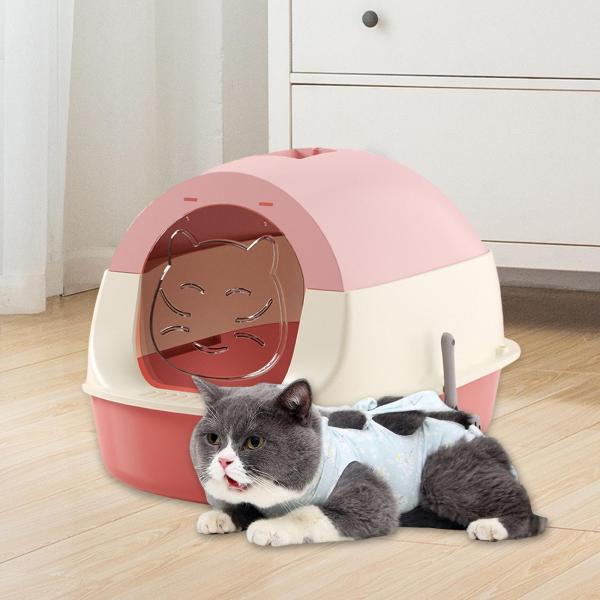 フード付き猫トイレ 蓋付きサンドボックス 完全密閉型猫トイレ 特大 ピンク