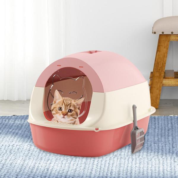 フード付き猫トイレ 蓋付きサンドボックス 完全密閉型猫トイレ 特大 ピンク