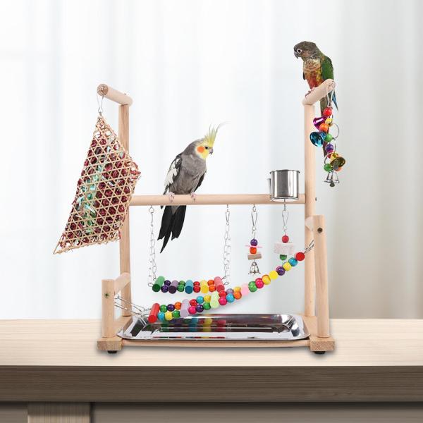 木製止まり木スタンド鳥の遊び場運動プラットフォームおもちゃの鳥のアクティビティブリッジインコフィンチセキセイインコ用スイング付き