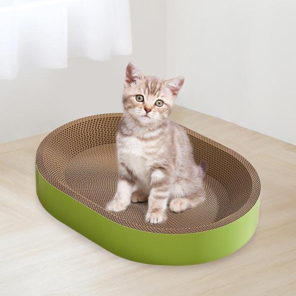 楕円形段ボール製猫用爪とぎベッドレスト 室内猫用 ソファ用爪とぎボード M グリーン