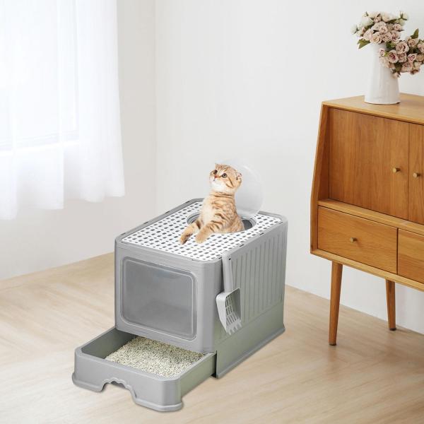 フード付き猫用トイレボックス 蓋付き 密閉式猫用トイレ お手入れ簡単 ハイサイド猫用トイレトレイ 引き出しタイプ 防滴