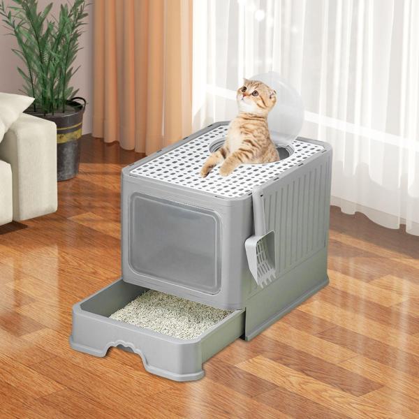フード付き猫用トイレボックス 蓋付き 密閉式猫用トイレ お手入れ簡単 ハイサイド猫用トイレトレイ 引き出しタイプ 防滴