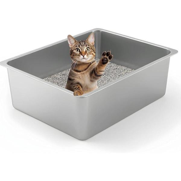 ステンレス製猫用トイレ ポータブル猫用トイレ 猫用砂箱 50cmx35cmx15cm