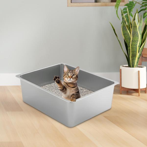 ステンレス製猫用トイレ ポータブル猫用トイレ 猫用砂箱 50cmx35cmx15cm