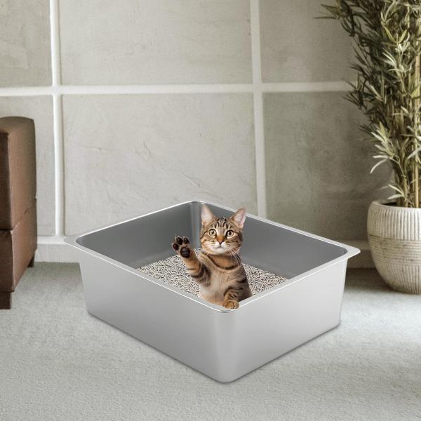 ステンレス製猫用トイレ ポータブル猫用トイレ 猫用砂箱 50cmx35cmx15cm