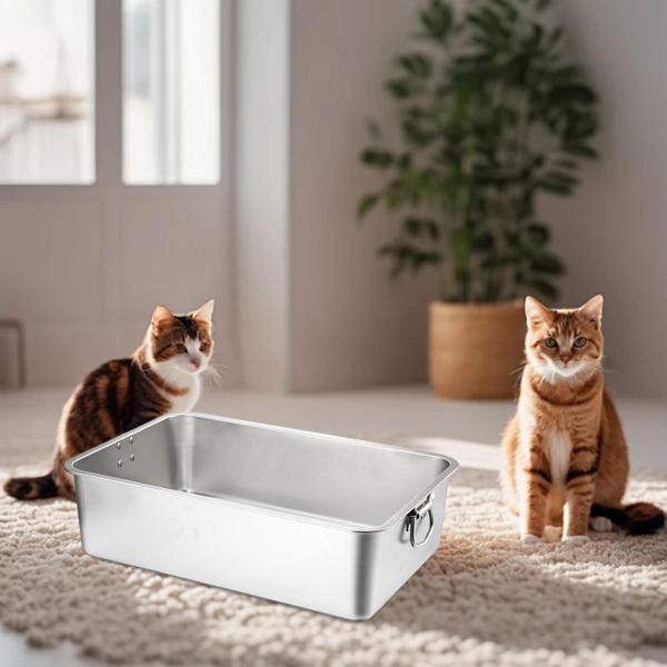 ステンレススチール製トイレボックス ハンドル付き 高さのある猫用トイレ ペット用トイレトレイ 60cmx40cmx7cm